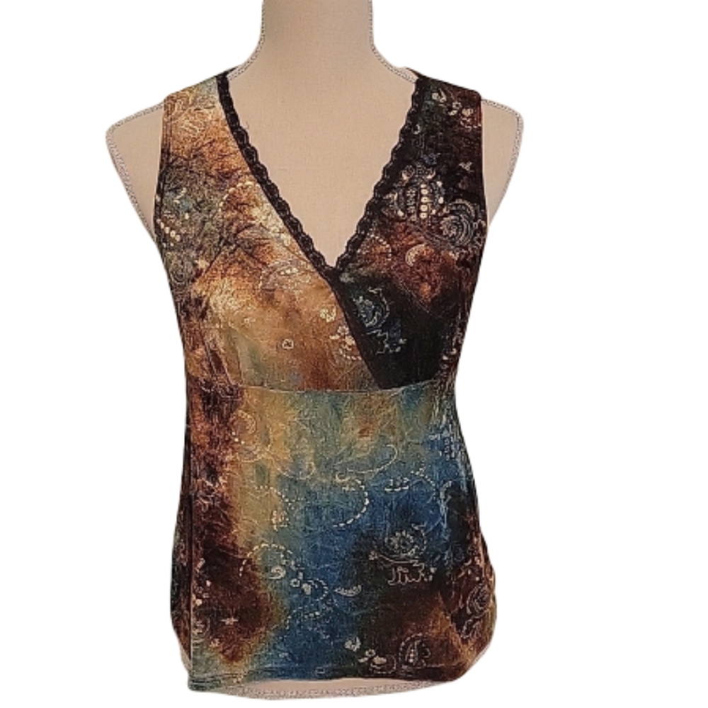 (D) Y2k multicolored v neck top, blouse size medium